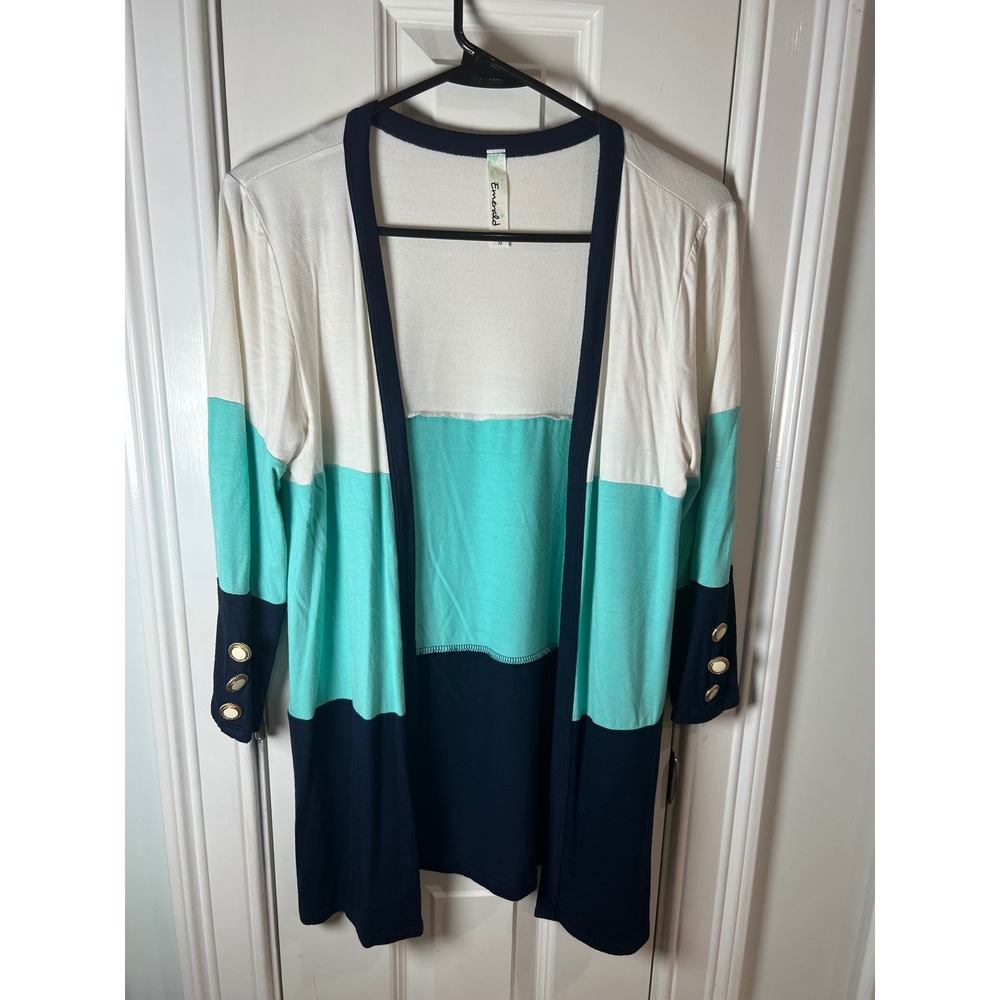 Emerald USA Womens Colorblock Open Front Cardigan Teal Navy White Size M